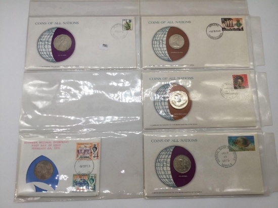 Collection of 5 Franklin Mint Coins of All Nations UNC coins & stamps incl. 78 Fiji, 80 Solomon, etc