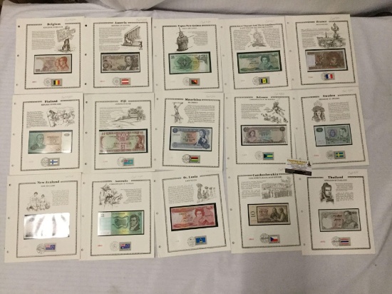 Collection of 1980 Historic Providence Mint UNC banknotes of the world with stamps - see desc/pics