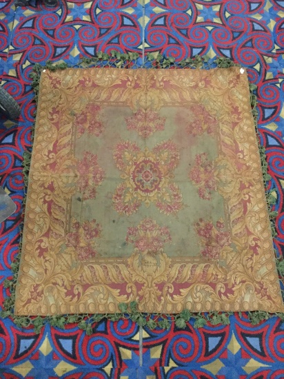 Antique floral motif Victorian rug with tassel - classic gold and red design - as is