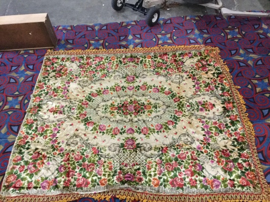 Antique 1800s floral rose & cherub pattern wool rug with fringe on three sides - shows light wear