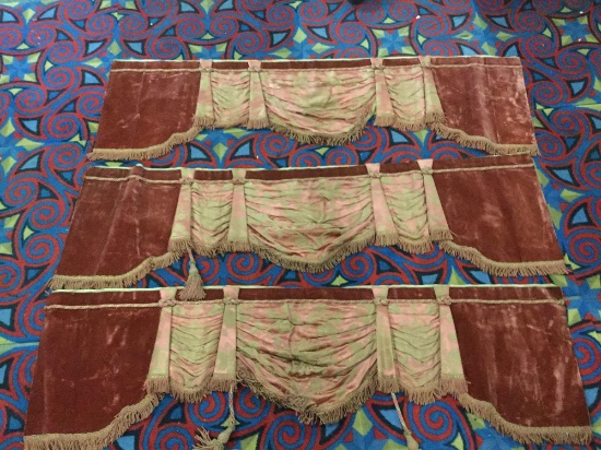 3 antique velvet window valances w/ a floral pattern - incl. 2 tassels, shows some wear from age