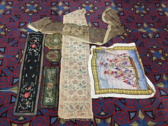 Selection of antique & vintage fabric pcs incl. table runners, rug, Victorian lamp/vase mats +