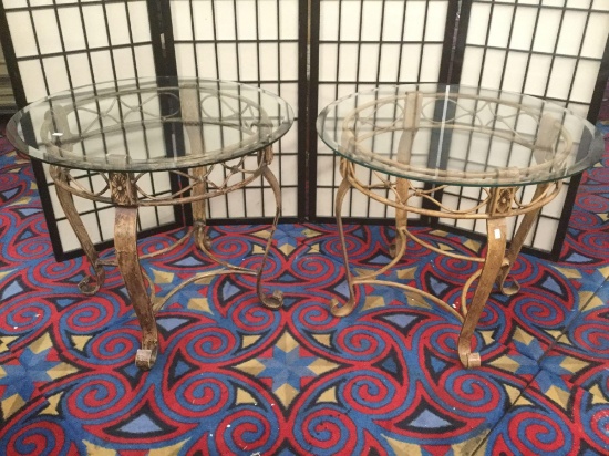Pair of matching glass top end tables with antique'd gold tone metal frames