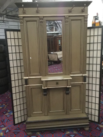 Vintage green painted halltree with antique molded design, hooks & mirror