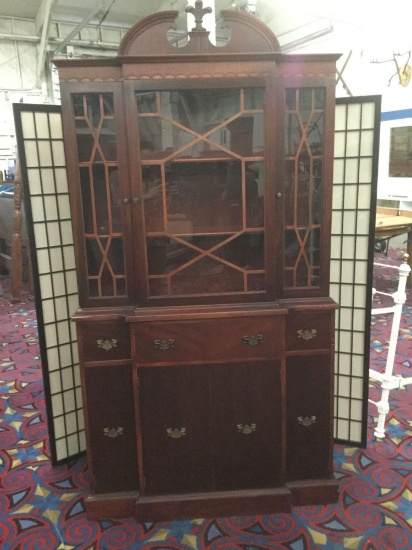 Antique art deco curio cabinet w/ mahogany detail, lattice windows, and colonial frame
