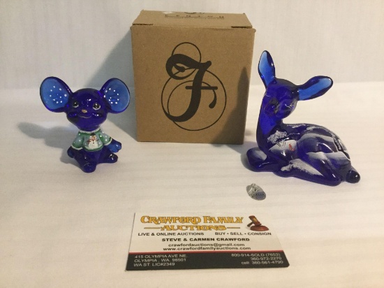 Lot of 2 Fenton handcrafted holiday art glass painted figurines - blue fawn & blue mouse