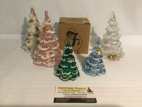 5 Fenton handcrafted glass Christmas trees incl. 6" Golden pine Cones, 4" iridized blue, etc see