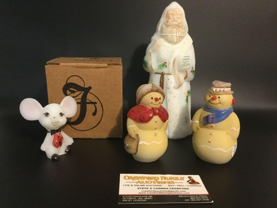 4 Fenton holiday glass figures incl. 8" Santa w/ 22k gold, Snowman/lady & opal mouse - see desc