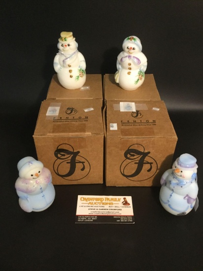 Lot of 4 Fenton crafted glass Snowman & Snowlady 4 inch figures w/ original boxes - see desc