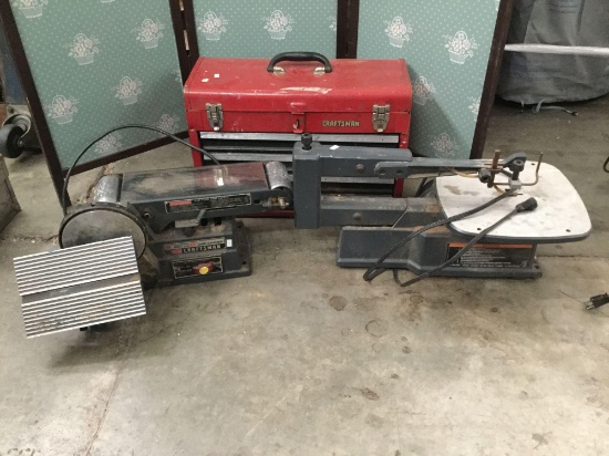 Craftsman variable speed 16" scroll saw, 6" disc sander & Craftsman tool box