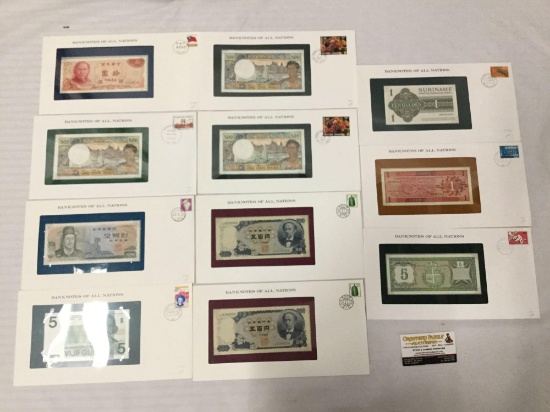 11 Franklin Mint UNC banknotes of all nations with stamps incl. China 1981, Japan, France 85, etc