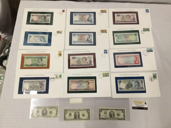 12 Franklin Mint UNC banknotes of all nations with stamps incl. 2x 1995 $2 bills, and more