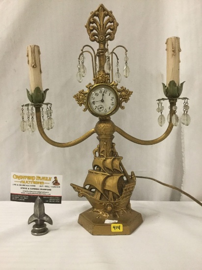 Antique deco cast metal mantle clock with electric candelabra lights & nautical theme - as is