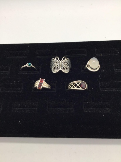 5 vitnage sterling silver rings with cut stones incl. opal ring, butterfly, garnet crystal "buckle"