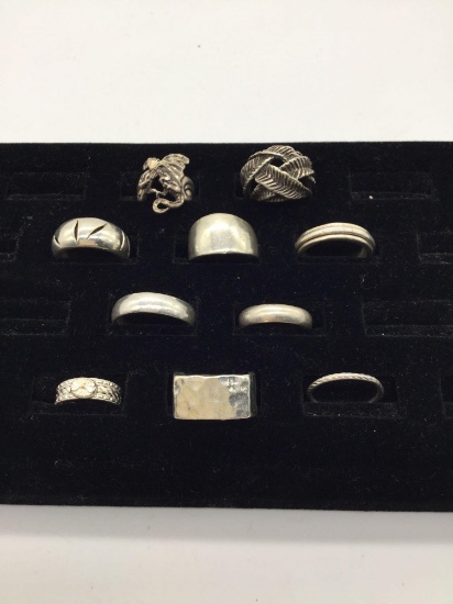 10 vintage sterling silver rings incl. mens rings, wrapped "leaf" ring, etc
