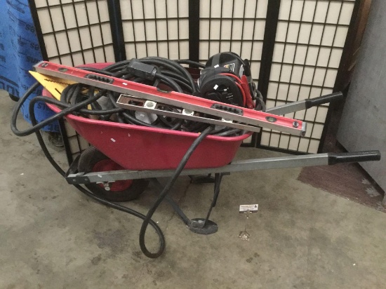 Red wheelbarrow full of tools and garage items inc. PSX2 Power station, levels and more see pics