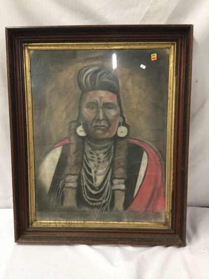 Original charcoal & chalk portrait of Native American Chief Joseph - signed by Evelyn Chenois