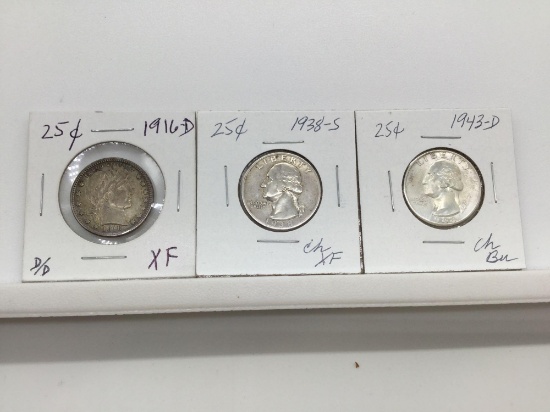 1916-D XF Liberty Quarter, 1938-S XF Washington Quarter, and 1943-D CH MS Washington Quarter