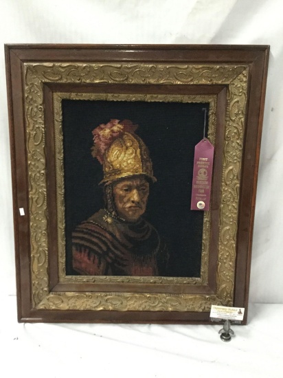 Vintage needlepoint of Rembrandt's "The Man with the Golden Helmet" in gesso frame - award winner!