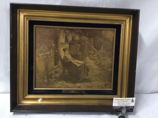 Vintage metal etching art piece depicting a woman in a chair - Serenity by Ron Morano
