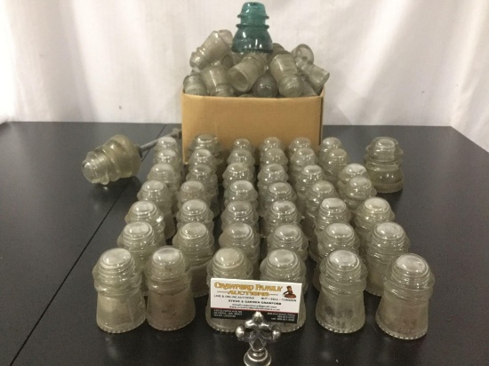 Lot of over 80 vintage glass insulators; marked Hemingray
