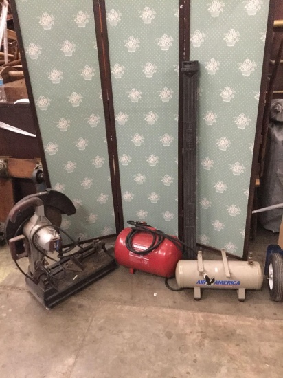 DeVilbiss Air America tank, Craftsman tank, heavy duty cut off saw & empire level in case