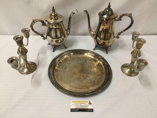 2 Duchin weighted sterling silver candle holders & Rogers Bros teapot set - 902 g total sterling