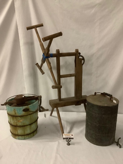 3 antiques - primitive 1800s yarn winder, Mary Proctor ice cream churn & antique can with spout