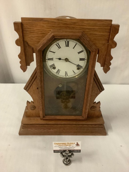 Early 1900s Oak Gingerbread kitchen clock with unique design - no pendulum or key