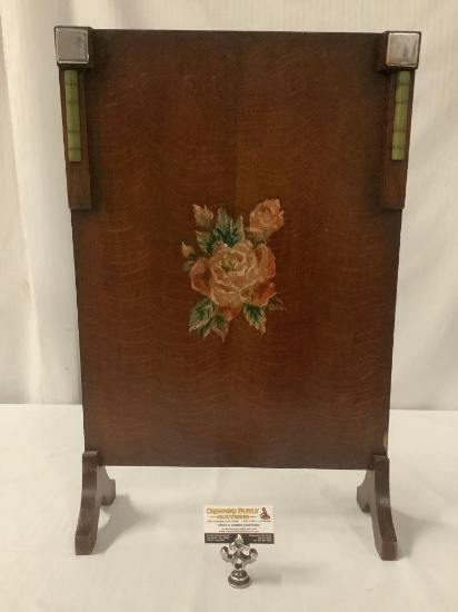 Antique tiger oak fireplace screen with hand painted flower detail - circa early 1900's