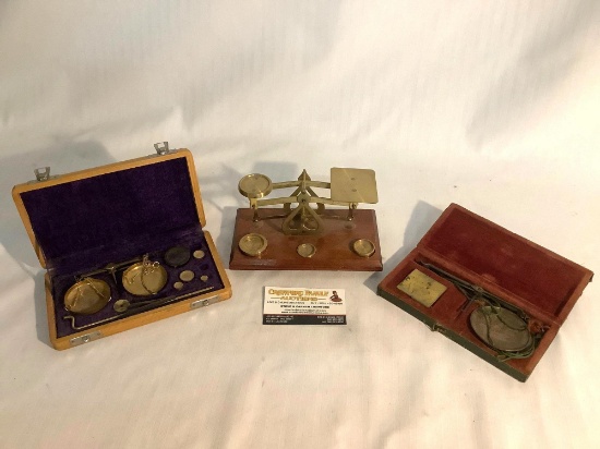 3 brass antique balance scales w/ weights in cases - 1 marked "Guaranteed Accurate" made in England