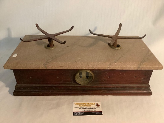 Mid Century mahogany and marble balancing scale with metal tray holders circa 1940 - no bowls