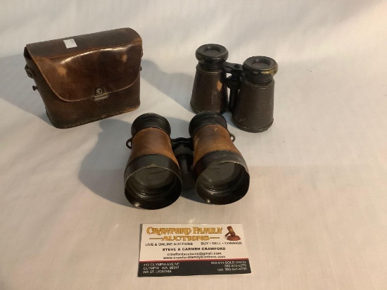 2 antique binoculars, pair w/ leather case marked: Lefils Paris & Autocrat Du-Plex