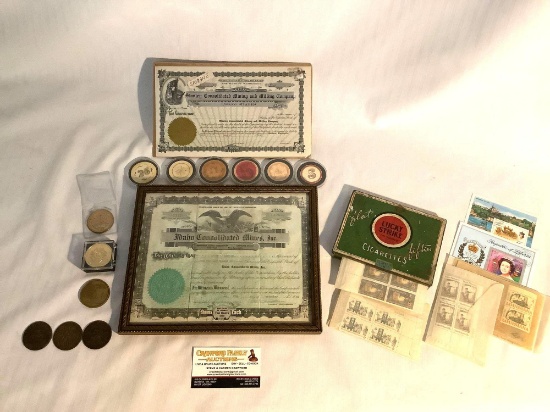 Antique collectibles lot incl. Lucky Strike tin, stamps, poker chips, Stanley Mining stock share +