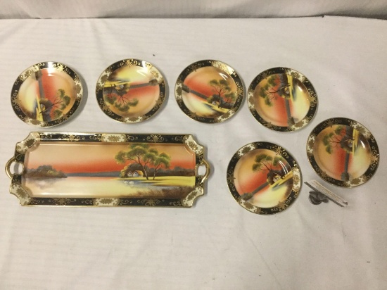 Vintage Noritake hand painted desert/snack tray with 6 matching plates - house/river scene