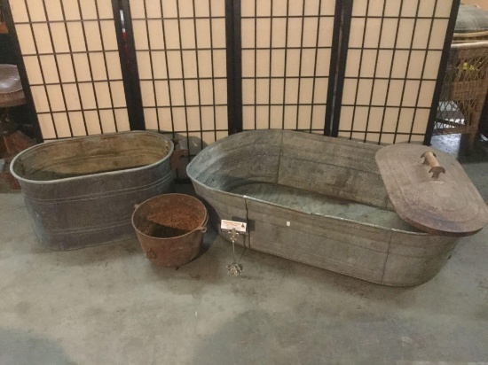 Selection of galvanized metal tubs incl. stock tank, boiler with lid +