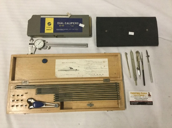 Smeic 0-6" dial calipers, vintage Dietzgen drafting tool set, Tamaya letter drafting set