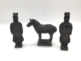 Three antique ceramic Chinese figurines of Han style soldiers and horse