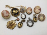 Collection of 11 vintage cameo pendant & brooches incl. shell, composite, agate etc - see pics