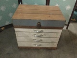 Vintage hand made wooden tool box storage chest with drafting & tap/die tools inside - see pics