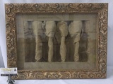 Antique inspired hanging wood and fabric wall bottle display with rococo style frame