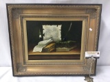 Original still life oil painting of quill pens / writing items - signed by artist, in gesso frame