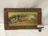 Original antique oil painting of rabbits in a hand carved floral frame - signed LM 1893