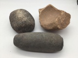 3 antique archaic Native American grinding tools incl. stone roller pestle, sandstone mortar & more