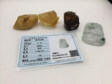 2 large nuggets of Baltic amber, large fossilized Indonesian amber & jadeite pendant w COA