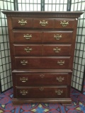 Modern colonial style six drawer tall boy dresser with batwing pulls - maple finish