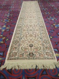 Long white Karastan wool hall rug with Tabriz pattern and fringe