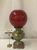 Vintage BB Co hurricane style brass base lamp with ruby glass shade - tested & working well