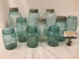 10 antique blue glass jars incl. Swayzees, Ball & Atlas glass