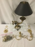 Antique style heavy brass lamp and two brass sconces with additional hardware